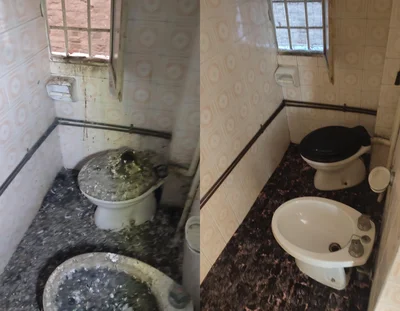 Sanificazione bagno – Prima e Dopo rimozione guano piccioni Collage prima e dopo della sanificazione con rimozione guano di piccioni in un bagno